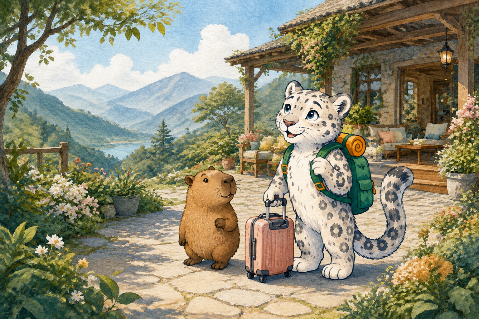 雪豹學爸帶著行李與水豚在山景旅宿庭園散步，原創親子旅行情境插畫